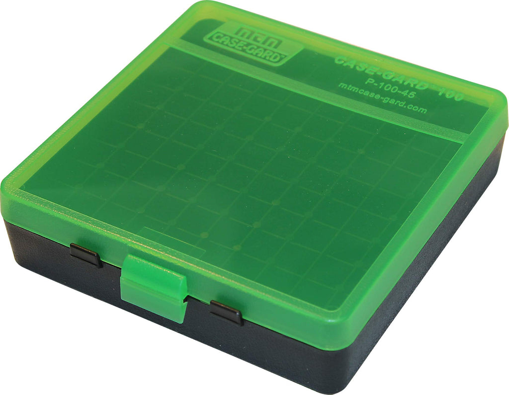 MTM Case-Gard P-100-9-16T Ammo Box, 100 Round Flip-Top, Fits 9mm 380 ACP, Easy to Grip, Stackable, Snap Lock Latch, 4.75"x 5.13"x1.46", USA Made, Clear Green/Black
