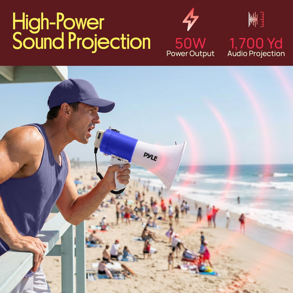 Pyle 50W Portable Megaphone - Adjustable Volume Up to 1700 Yards | Aux Input & USB Playback