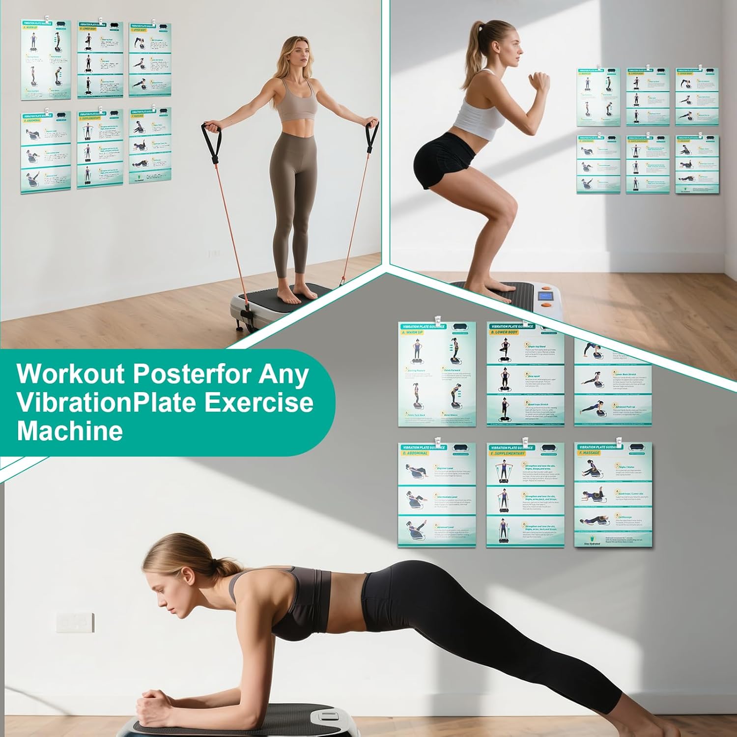 Skiennix Vibration Plate Exercise Machine Poster - Upgraded 6 Workout Guides & 10 Double-Sided Clips