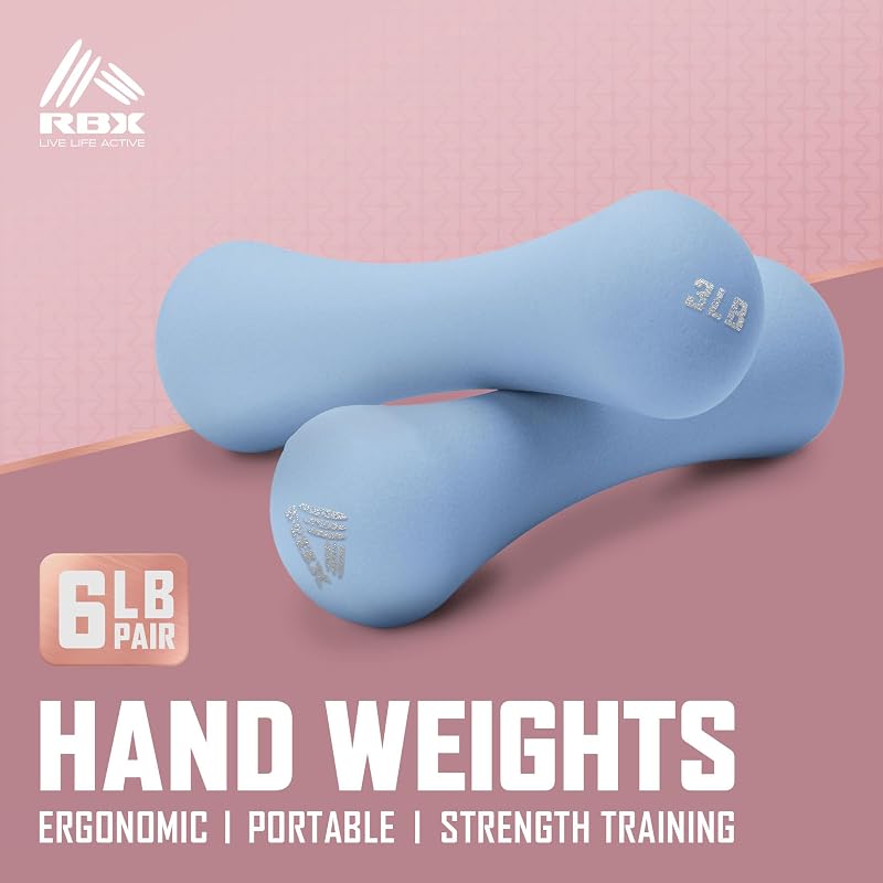 RBX 6lb Neoprene Hand Weights Set - 3lb Each, Non-Slip Grip for Home Workouts (Bright Blue)