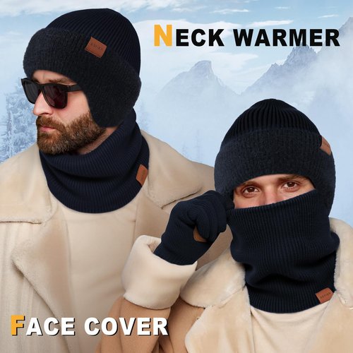 Sofier Winter Hat Fleece Lined Beanie with Earflap Neck Warmer Scarf Touchscreen Gloves Warm Knit Set for Men Women