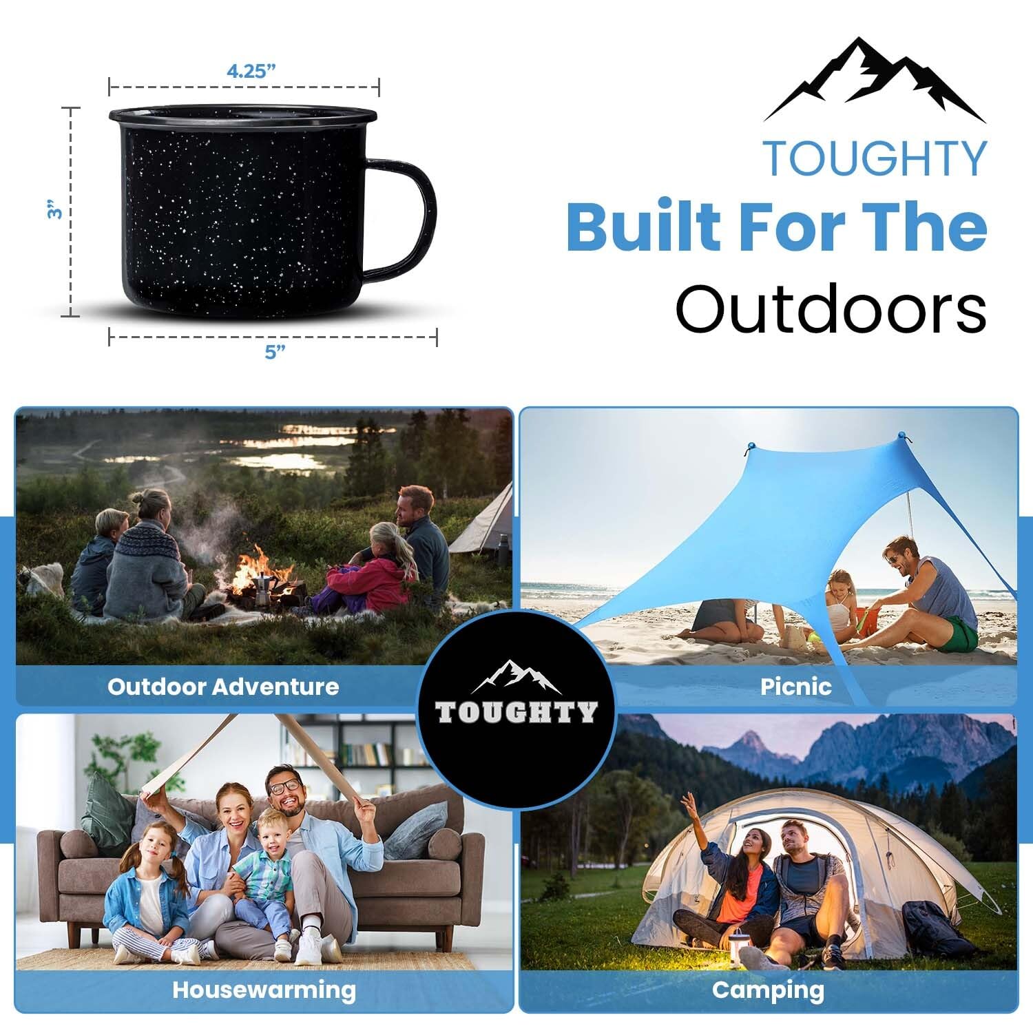 Toughty Enamel Camping Mug – Retro Vintage Campfire Tin Cup, Rustic Backpacking Mug for Hiking, Coffee, Farmhouse, Diner, Hot Drinks, Tinware, and Backpacking Gear – Set of 4 – Black – 16 Oz