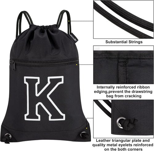 HOLYLUCK Drawstring Backpack - Stylish Initial Design for Sports, Gym, Travel | Black-K
