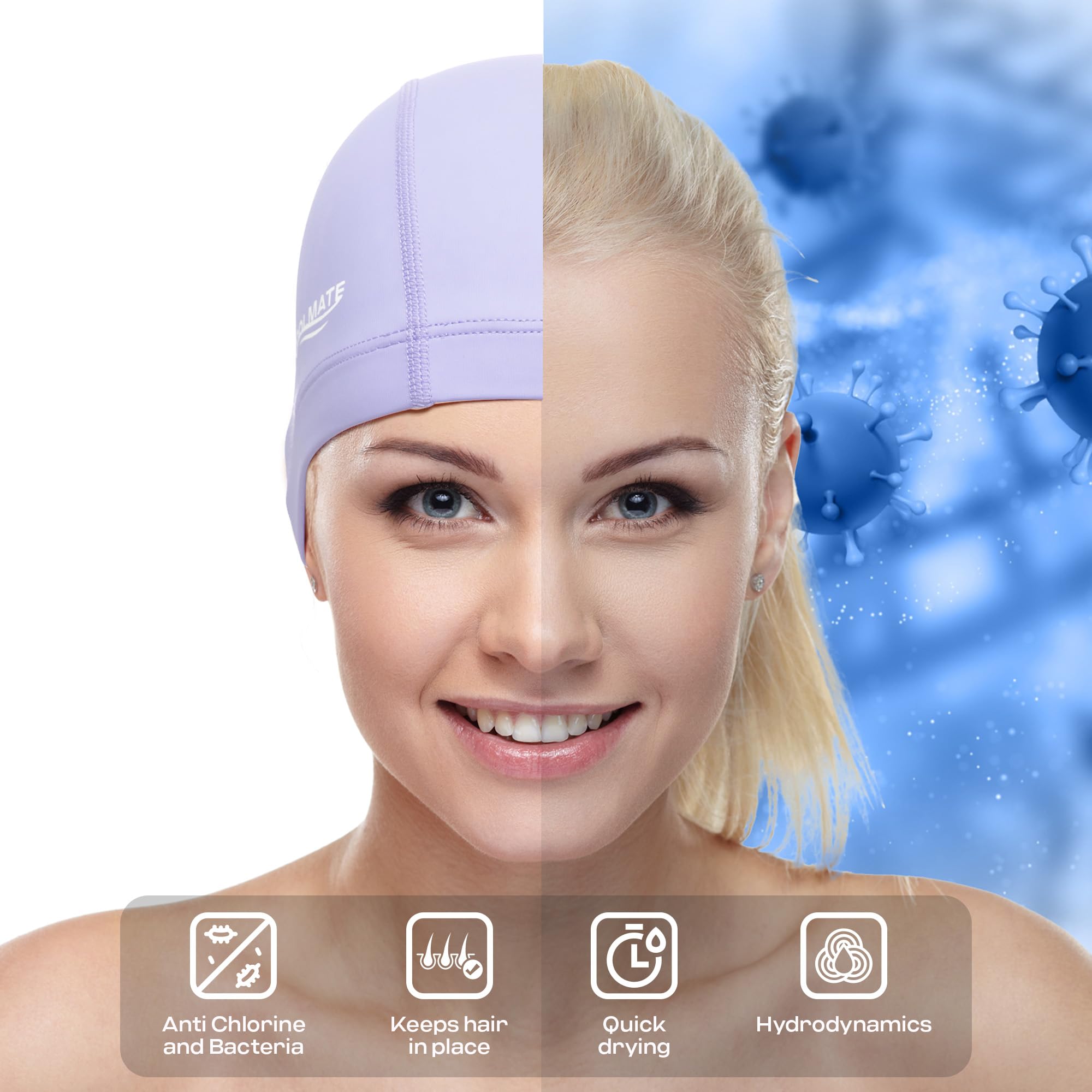 COOLMATE Fabric Swim Cap for Adult Women, Silicone Water Resistant Layer, Cloth Swim Cap Gifts for Swimmers, Lightweight and Comfortable for Pool, Lap Swimming (Light Purple, M)