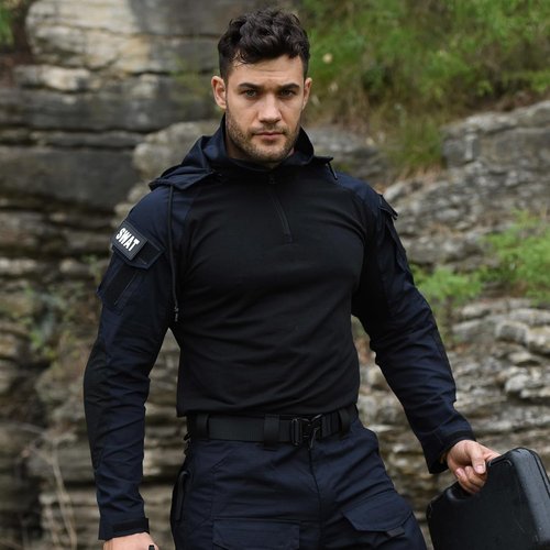 HAN·WILD Men's Tactical Combat Shirt - Long Sleeve Camo Military T-Shirt with Elbow Pads & Hood