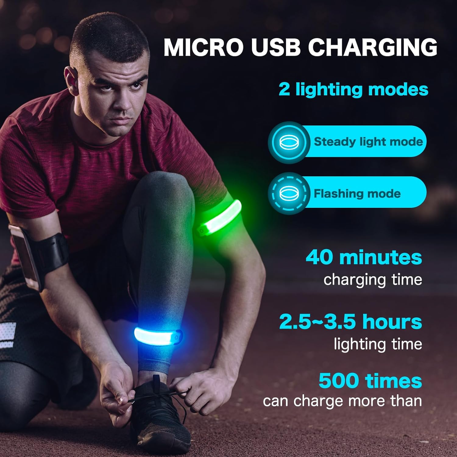Skiennix LED Armband | High Visibility USB Rechargeable Wristbands - 2 Pack, Adjustable & Waterproof for Night Running