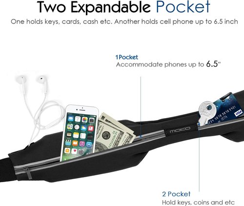 MoKo Sports Running Belt - Sweatproof Reflective Waist Pack for iPhone & Galaxy | Slim Dual Pouch Design