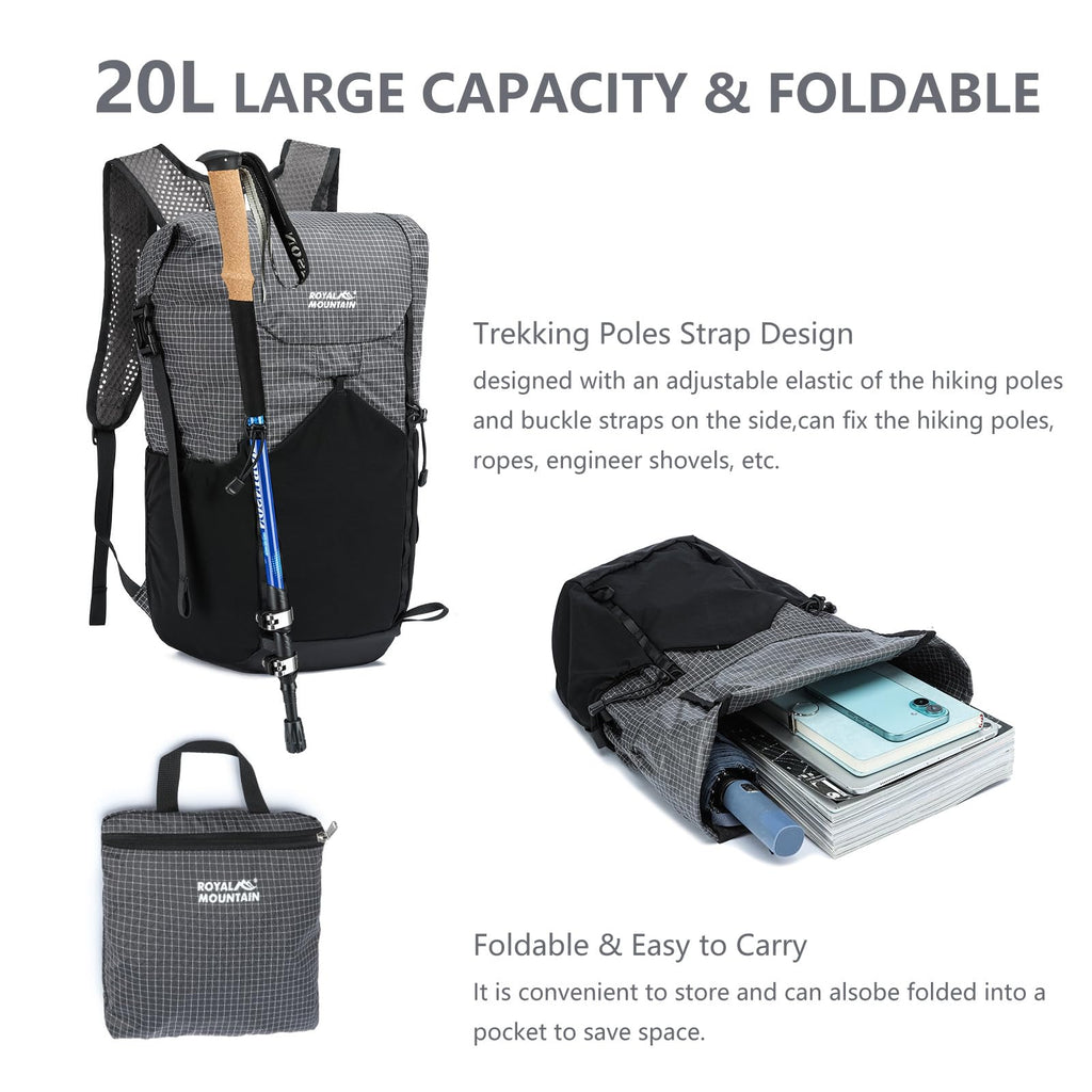 ROYAL MOUNTAIN 20l Hiking Backpack For Women&Men, Water Resistant Daypack Backpacks, Foldable & Packable Hiking Backpack, Lightweight Small Daypack For Travel Camping (Grey)