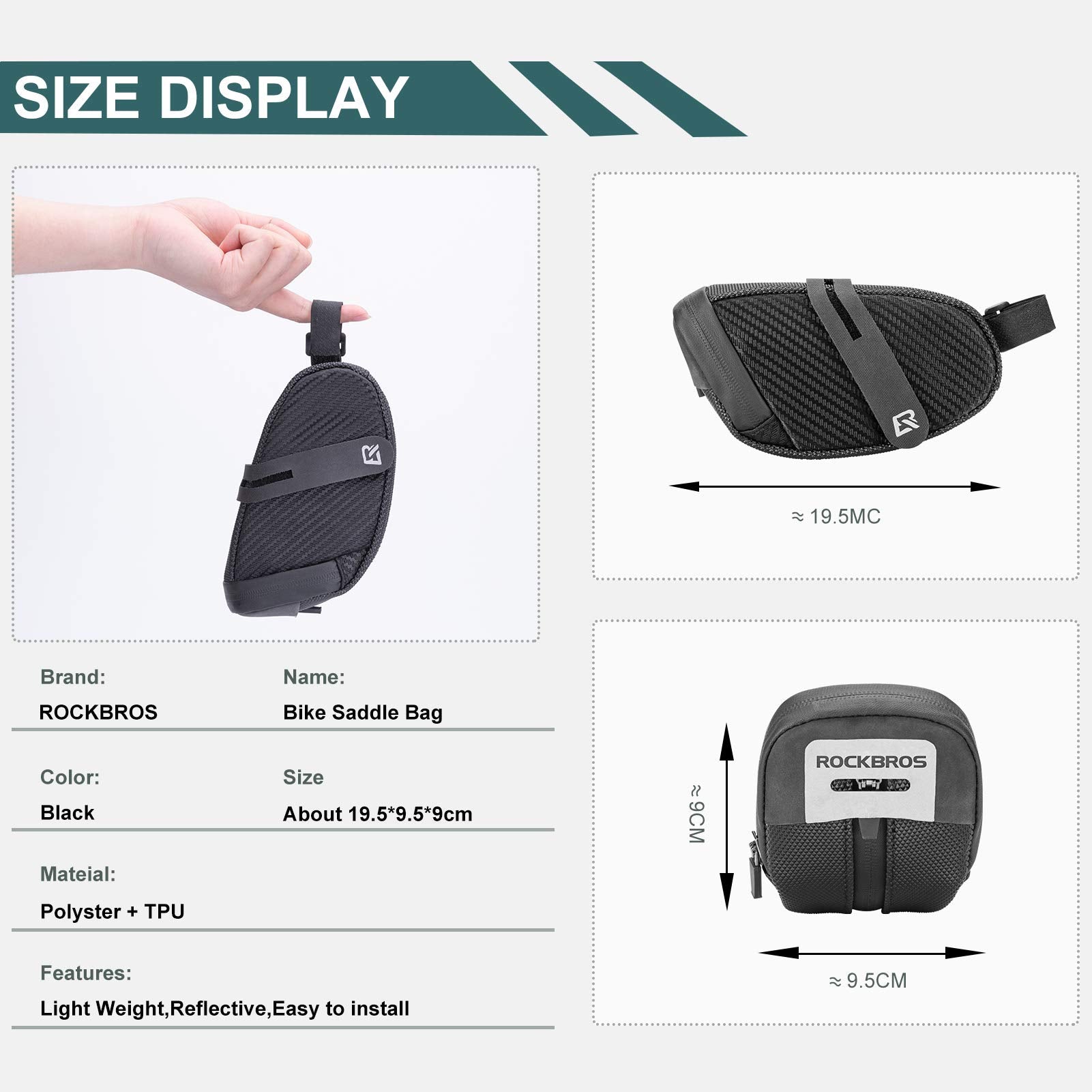 ROCKBROS Bike Saddle Bag, Bike Bag Under Seat, Strap-on Cycling Wedge Pack, Bike Seat Storage Bag for Mountain Road Bikes, 0.75L