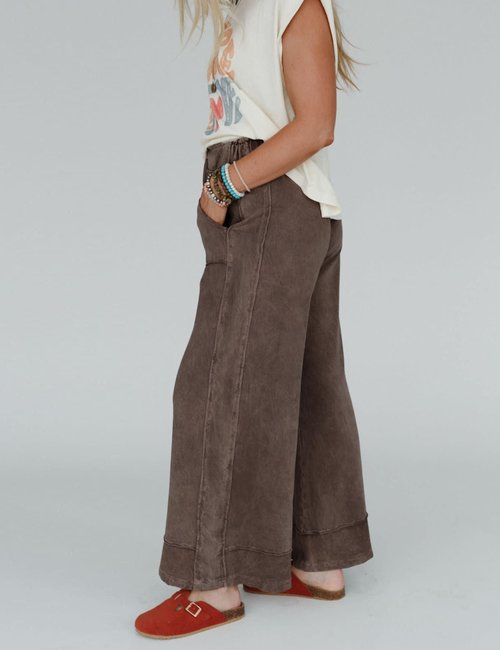 Athlisan Womens Casual Wide Leg Sweatpants Acid Wash Elastic Waisted Palazzo Pants Trousers with Pockets(Coffee-L)