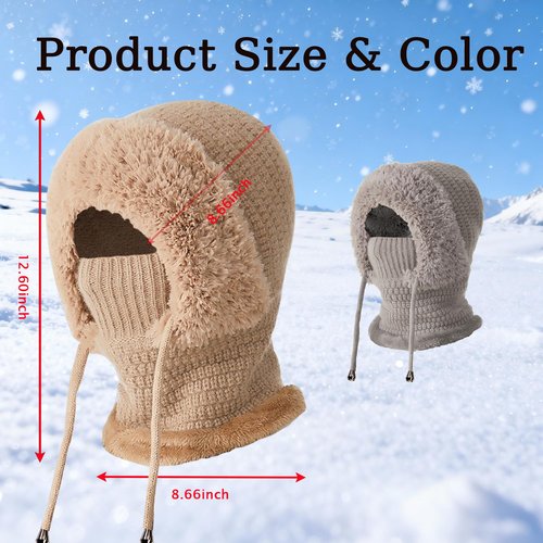 3 in 1 Beanie Hat with Scarf and Mask, Women’s Plush-Lined Winter Balaclava, Wind-Resistant Knitted Hooded Scarf & Ski Mask Set for Cold Weather (Khaki)