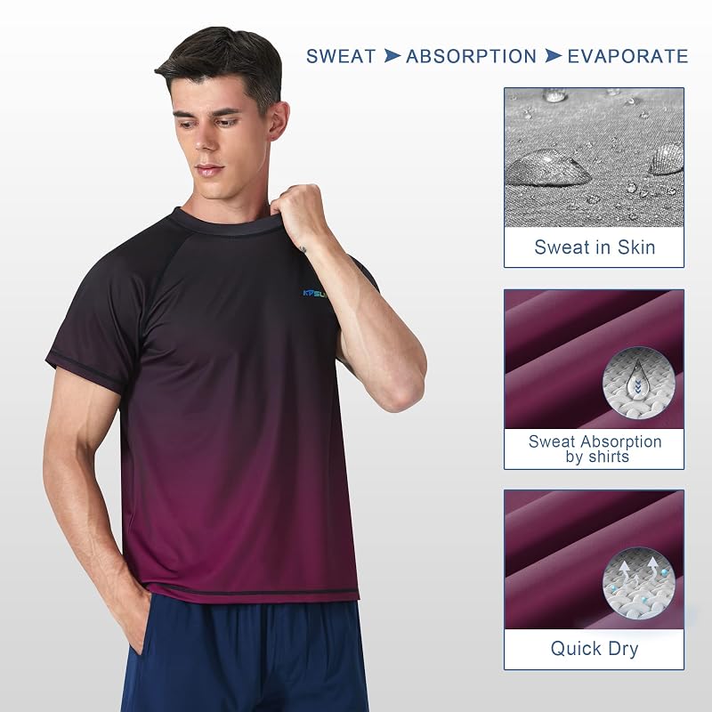 Mens Rash Guard Swim Shirt UPF 50+ Quick Dry Short Sleeve Gradient Red XXL