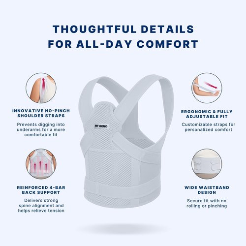 Fit Geno Back Brace - Adjustable Posture Corrector for Men & Women | Full Back Support & Pain Relief (Small, Gray)