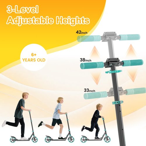 SIMATE Kick Scooter for Kids Teens & Adults, 3 Adjustable Heights, 8IN All Terrain Big Wheels, Dual Suspension, Foldable and Lightweight, Gifts for Girls Boys