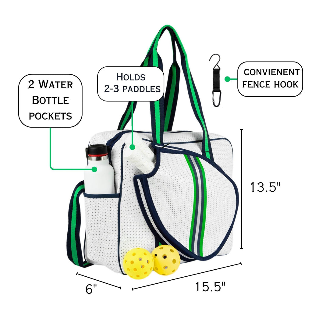 Queen of the Court Brooklyn Pickleball Bag with fence hook Cute Functional White Pickleball Tote Bag with Compartments for Water Bottle, Paddles, Balls & Accessories. (White Navy/Green/Silver)