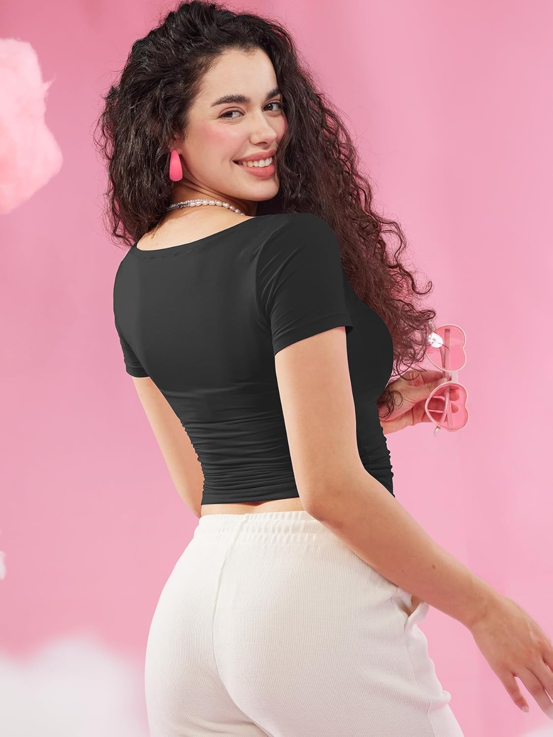 YEOREO Women's Slim Fit Crop Top - Short Sleeve Scoop Neck - Double Lined - Black
