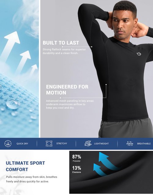 G Gradual Mens Compression Shirt Long Sleeve Moisture Wicking Running Gym Shirts for Men Athletic Workout Base Layer T-Shirt(Black,L)