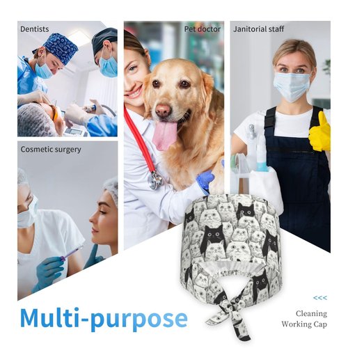 Black and White Cat Working Cap Scrub Cap with Sweatband Adjustable Unisex Men Women Tie Back Hat Nurse Surgical Caps