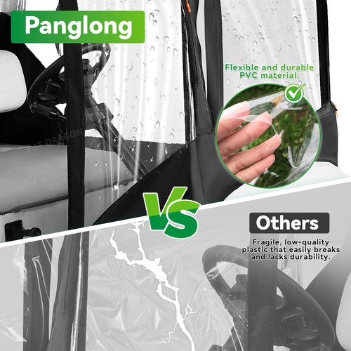 Panglong 2 Passengers EZGO Enclosure-600D, Multifunctional Polyester Rain Cover with Openable Front Windshield, 2 Door Zippers, 4 Side Clear Window and Windproof Hooks, Fit EZGO TXT RXV Cart