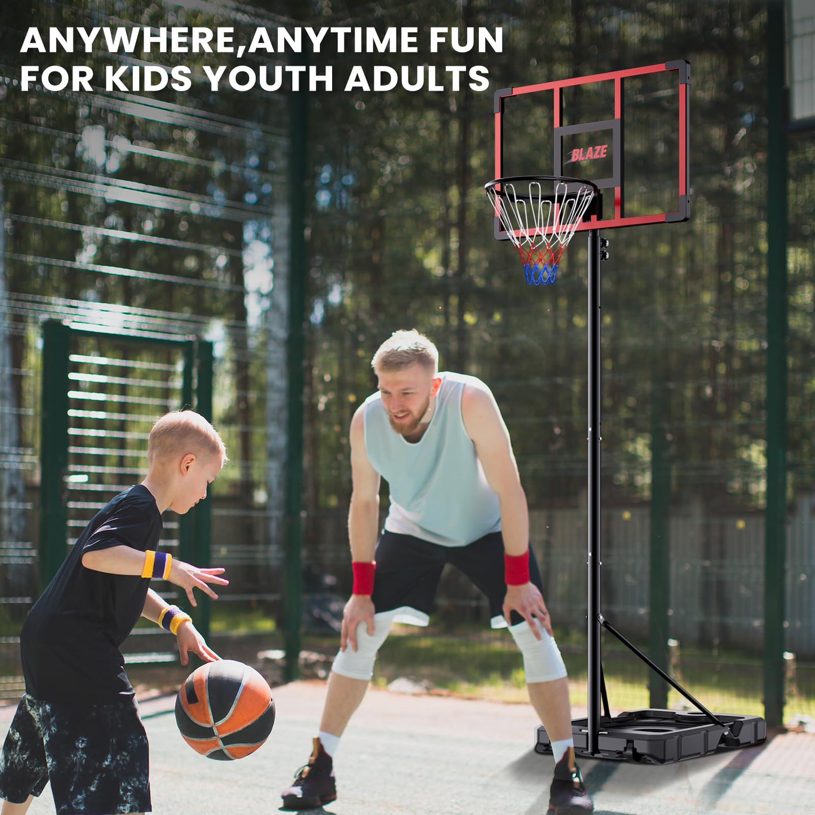 Portable Basketball Hoop for Kids & Teens, 4.1–8.5FT Adjustable Height, 32'' Shatterproof Backboard, Fillable Base with Weight Bag, Outdoor Goal for Backyard & Driveway(Black)