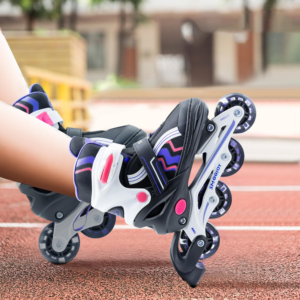 SMOOJOY Inline Skates for Kids Light-Up Wheels Aluminum Frame Black Rose Red Blade Skate for Boys and Girls S, M, L Sizes, Ages 8-12, Perfect for Beginners Indoors and Outdoors