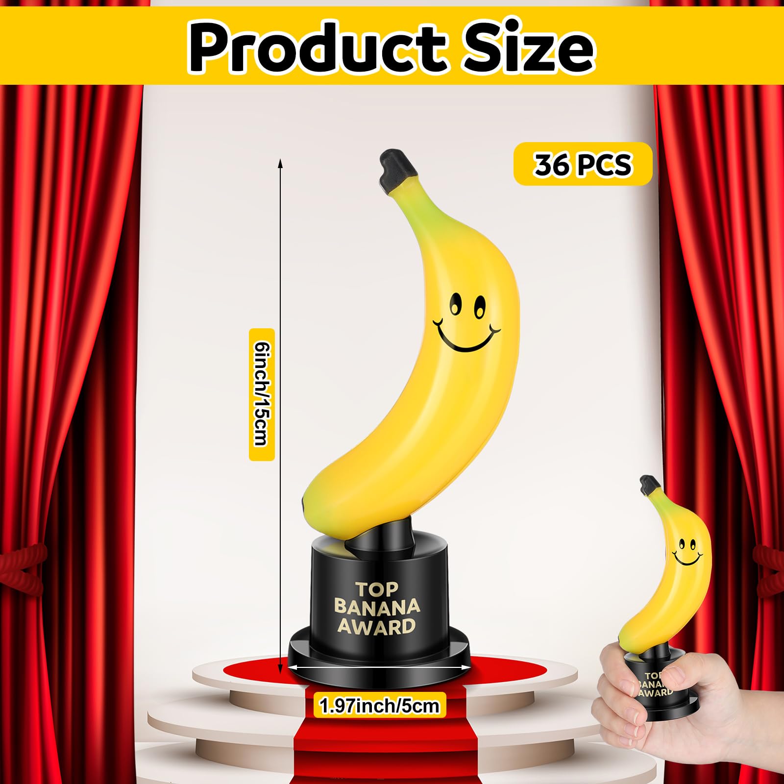 Tondiamo 12 Pcs Top Banana Award Trophy Plastic Cute Fun Award Trophy Smiling Yellow Banana on Black Stand Funny Trophies Gifts