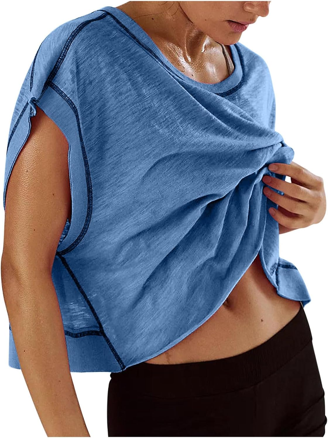 Skiennix Open Back Tops for Women - Backless Workout Short Sleeve Gym Tees | Slouchy Crop Design