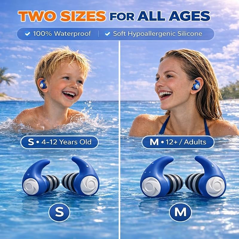 Waterproof Ear Plugs for Adults & Kids, 3 Pairs—Soft Silicone, Blue/Orange/Sky Blue (Variation: Blue, Orange, Sky Blue-Kids)