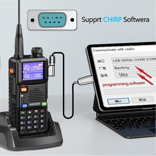 BAOFENG UV-5RM 10W Long Range Ham Radio Walkie Talkie with NOAA Weather Receiver 2500mAh Rechargeable Battery one-Key Frequency Copy Micphone Type-C Charging and Programming Cable (Gain Antenna)