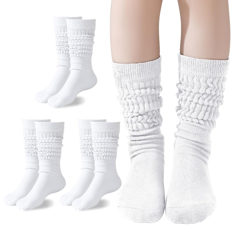 Girls Slouch Socks 3 Pairs Knee High Warm Knit Scrunch Boot Socks White