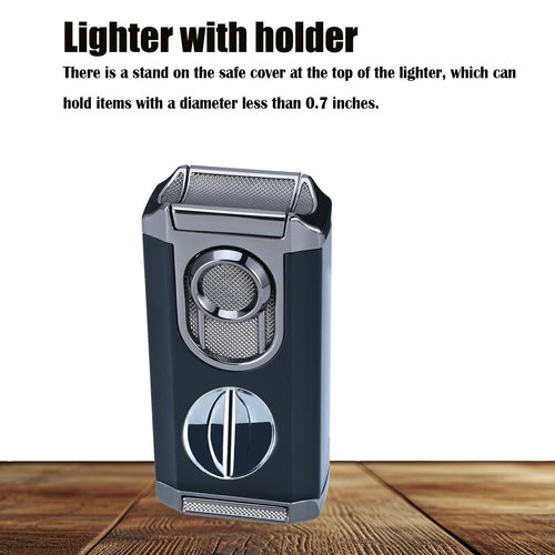 Reetsing Windproof Triple Jet Flame Torch Lighter with Stand – Refillable and Adjustable 3 Flame Lighter with Built-in V-Cut, Quality Gift for Men（Without Butane）
