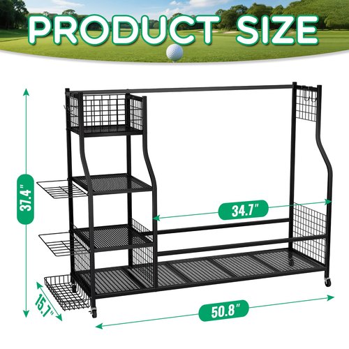 Flibaluly Golf Bag Storage Garage Organizer-Heavy Duty Golf Bag Rack for 3 Golf Bags,Golf Accessories with 4-Tier Shelf and Wheels for Home,Club,Garage and Basement