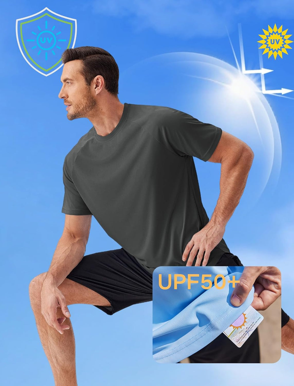 PINSPARK Men's UPF50+ Sun Protection Swim & Surf Short Sleeve Rash Guard - Quick Dry Performance Shirts