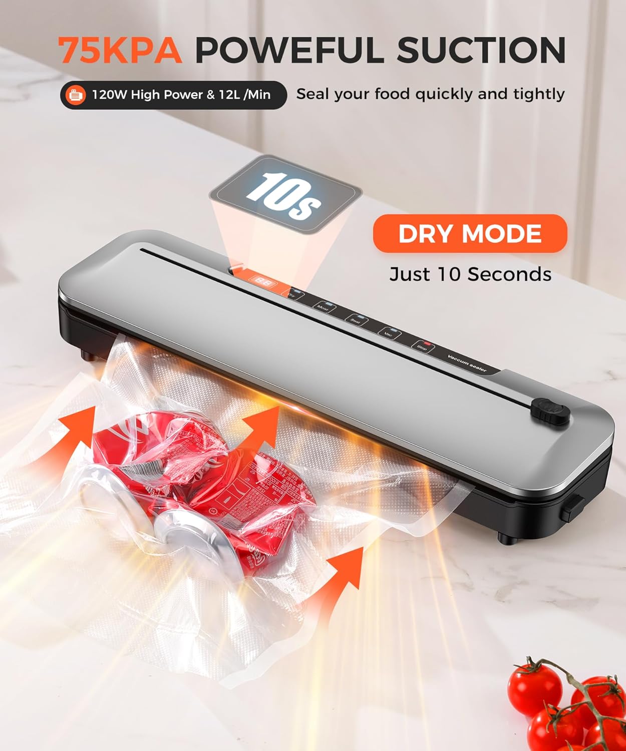 Vacuum Sealer Machine - 75KPa Food Preservation with 6-in-1 Modes & Digital Timer | Compact Design + 10 Bags (Black Silver)