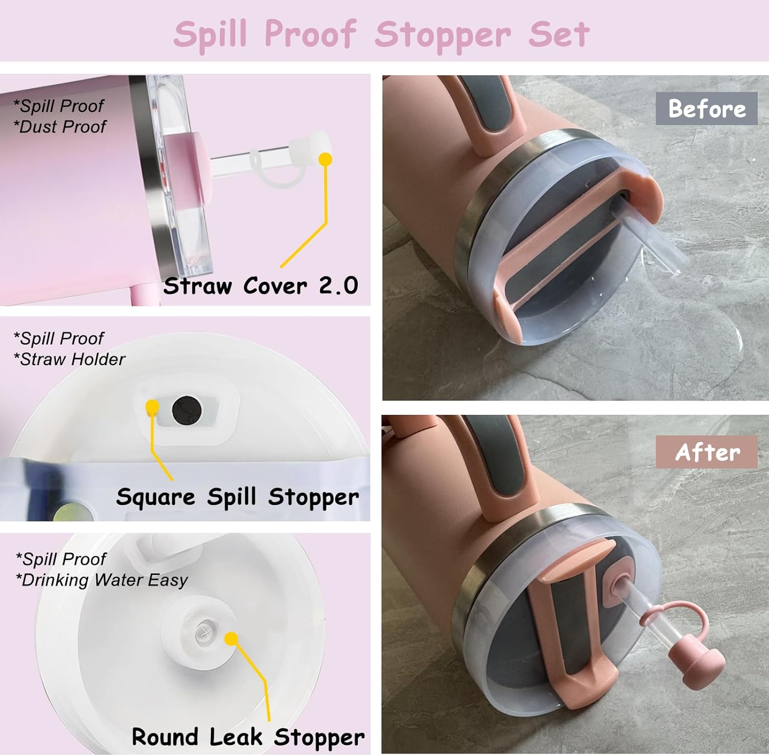 Stanley Cup Accessories Set - 2 Straw Covers, Silicone Stopper & Cute Maple Handle Charm | Fits 40 & 30 Oz Tumblers (Peony 2.0)