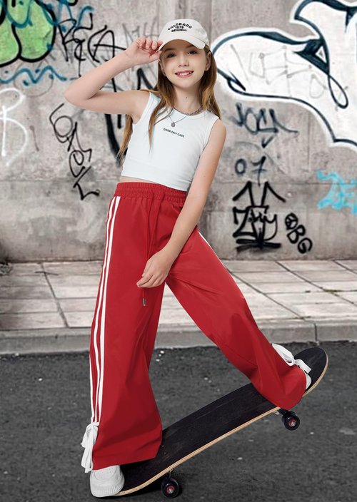 Kid Girls Side Striped Bowknot Fashion Baggy Cargo Sweatpants Y2K Hip Hop Dance Streetwear Cute Wide Leg Joggers Track Pants Red 7-8Y