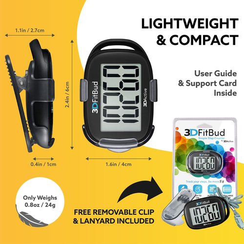 3DFitBud Simple Step Counter Walking 3D Pedometer by 3DActive with Clip, Lanyard Accurate Step Tracker Large Display, Easy to Use for Kids Men Women Adult Seniors Daily Step Tracking - A420S - Black