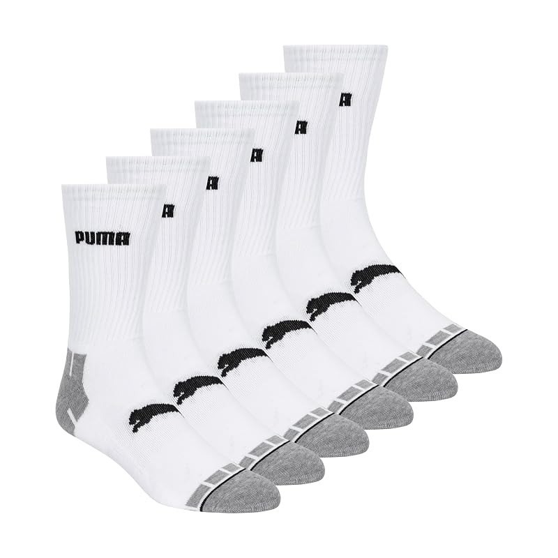 PUMA Men's Crew Socks (6-Pack) White 13-15 - Cushioned, Arch Support, Seamless Toe