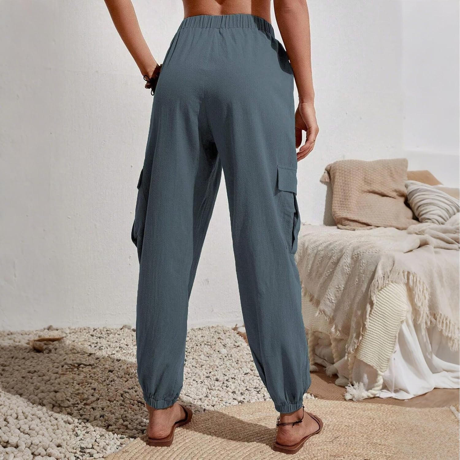 Skiennix Drawstring Cargo Pants - High Waisted Baggy Joggers with Pockets | Summer Comfort Fit