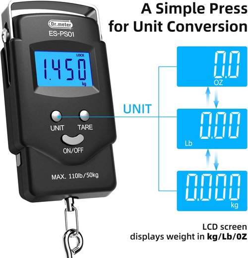 Dr.meter Fish Scale - 110lb Digital Weight Scale with Backlit LCD & Built-in Measuring Tape | Stainless Steel Gripper Tool