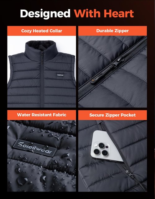 Soleilwear Mens Heated Vest with 12000mAh Battery, 9 Heated Zones Lightweight Rechargeable Vest for Camping Ski Outdoor