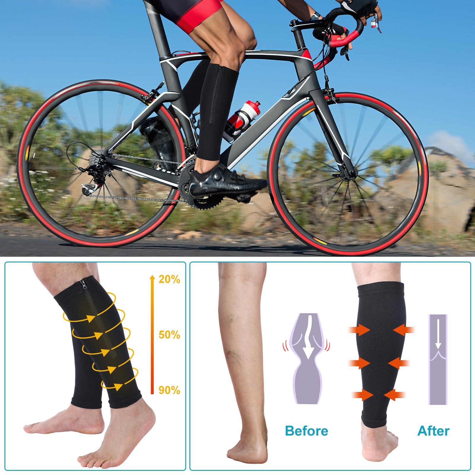 Threlaco 3 Pairs Calf Compression Sleeve with Zipper 20-30mmhg Leg Compression Sleeve Calf Brace Zipper Socks No Foot Sleeves for Men Women Support Running Shin Splints