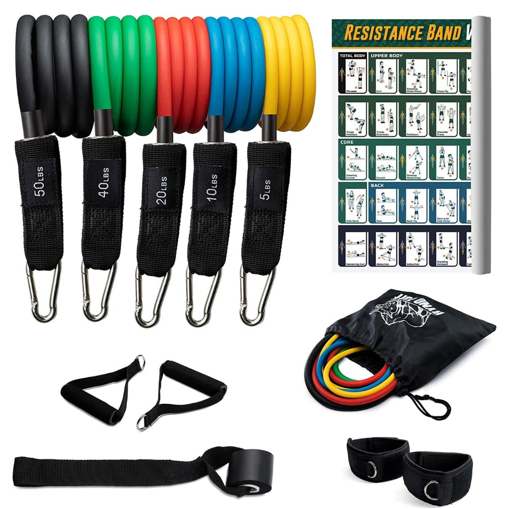 Ryno Tuff 12 Pc Resistance Bands Set - 5 Workout Bands, Cushioned Ankle Straps, Padded Handles, Door Anchor & Waterproof Gym Bag - Home Exercise, Strength Training, Physical Therapy, Yoga Fitness Gear