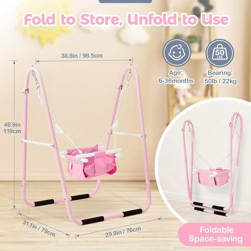 FUNLIO U-Shape Toddler Swing Set - Heavy Duty Metal Frame, Easy to Assemble, Portable & Foldable - Pink, 6-36 Months
