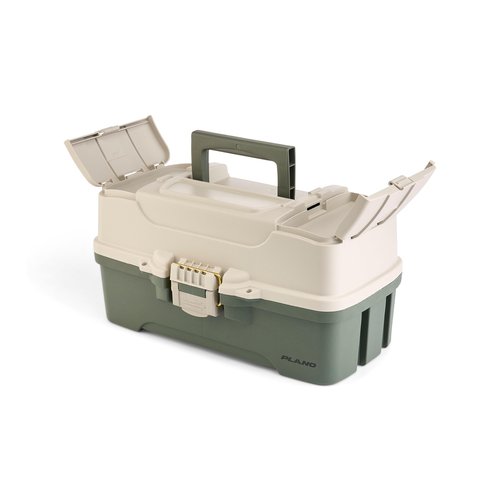 Plano Three-Tray Tackle Box Bass Kit, Tan/Green, Rust-Proof Brass Latch, Top-Access Tray Compartments with Deep Storage, Made in the USA, Portable Fishing Gear Storage Organizer