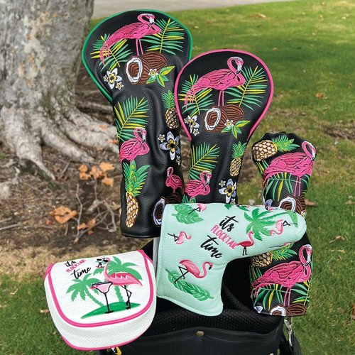 Giggle Golf Flamingo Golf Head Covers – Driver, Fairway, Hybrid & Putter – Tropical Black Flamingo Design - Great Gift (for Mallet/White)