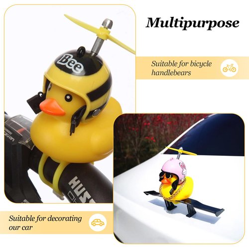 2 Pack Rubber Duck Car Ornaments, Yellow Duck Car Dashboard Decorations Squeeze Duck Bicycle Horns with Propeller Helmet,Bandage and Gold Chain (Bee&Shark)