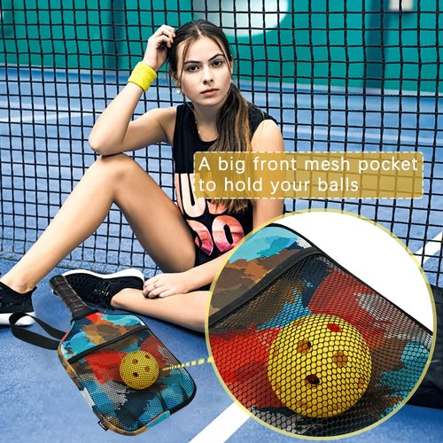 Neoprene Pickleball Paddle Cover with Inner Pockets and Handle Strap - Racket Sleeve with Ball Holder Organizer Bag (Red Art Print)