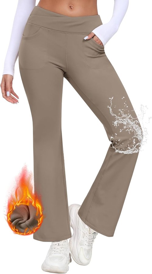 MoFiz Women's Fleece Wide Leg Sweatpants - High Waisted Athletic Pants with Pocket | Khaki, Size L