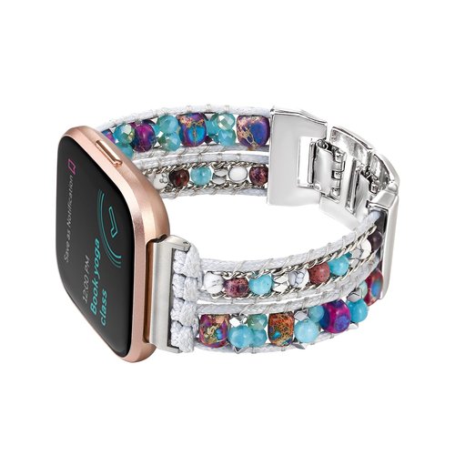 CHARMINGO Boho Braided Bracelet Compatible with Fitbit Versa 4/Versa 3/Sense/Sense 2 Bands for Women, Handmade Natural Stone Beaded Strap for Fitbit Smartwatch, Silver
